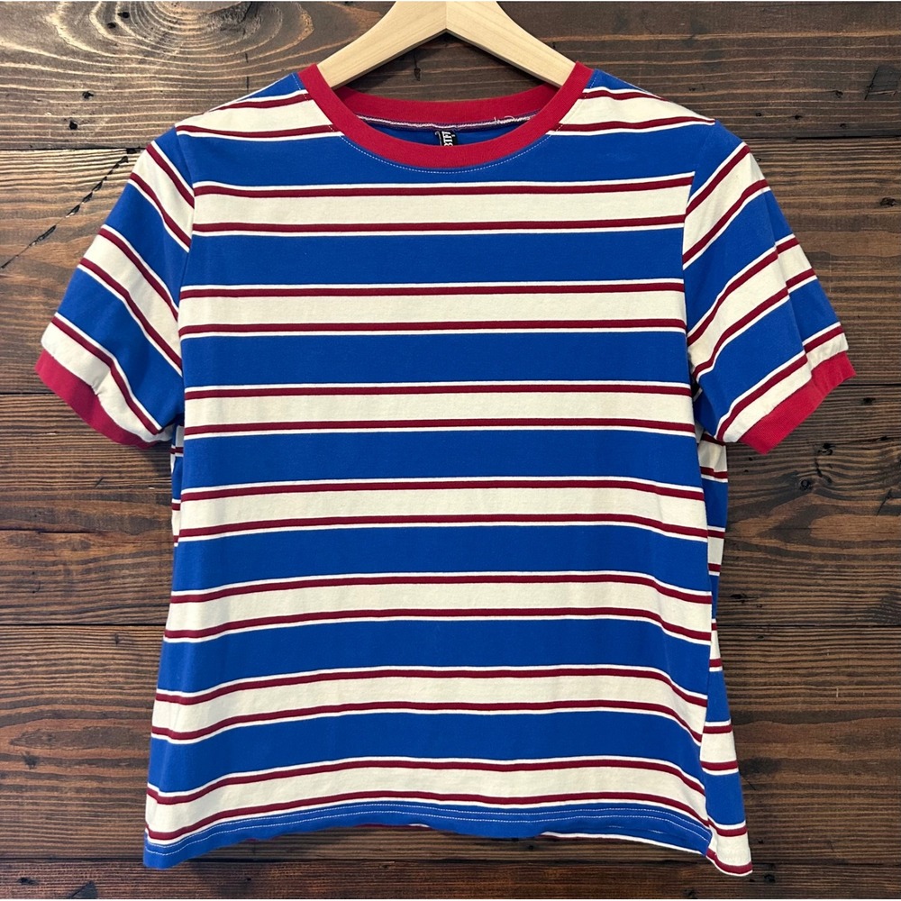Women's Crewneck Striped T-Shirt Small Blue Red White Ringer Tee 70s Retro 90s